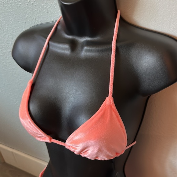 Orange coral velvet string top with high waist bottom set. - Picture 6 of 16